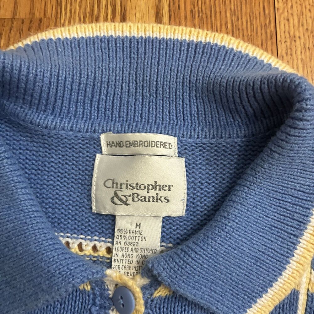 Vintage Blue Yellow Floral Daisy Knit Sweater Hand Embroidered M Button Down Top - Picture 6 of 7